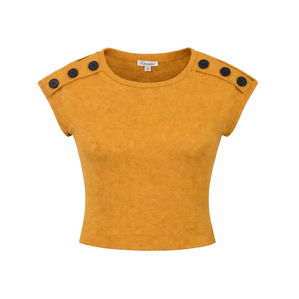 Lavish Mustard Yellow Knit Button Shoulder Top Crew Neck Mustard Gold Large